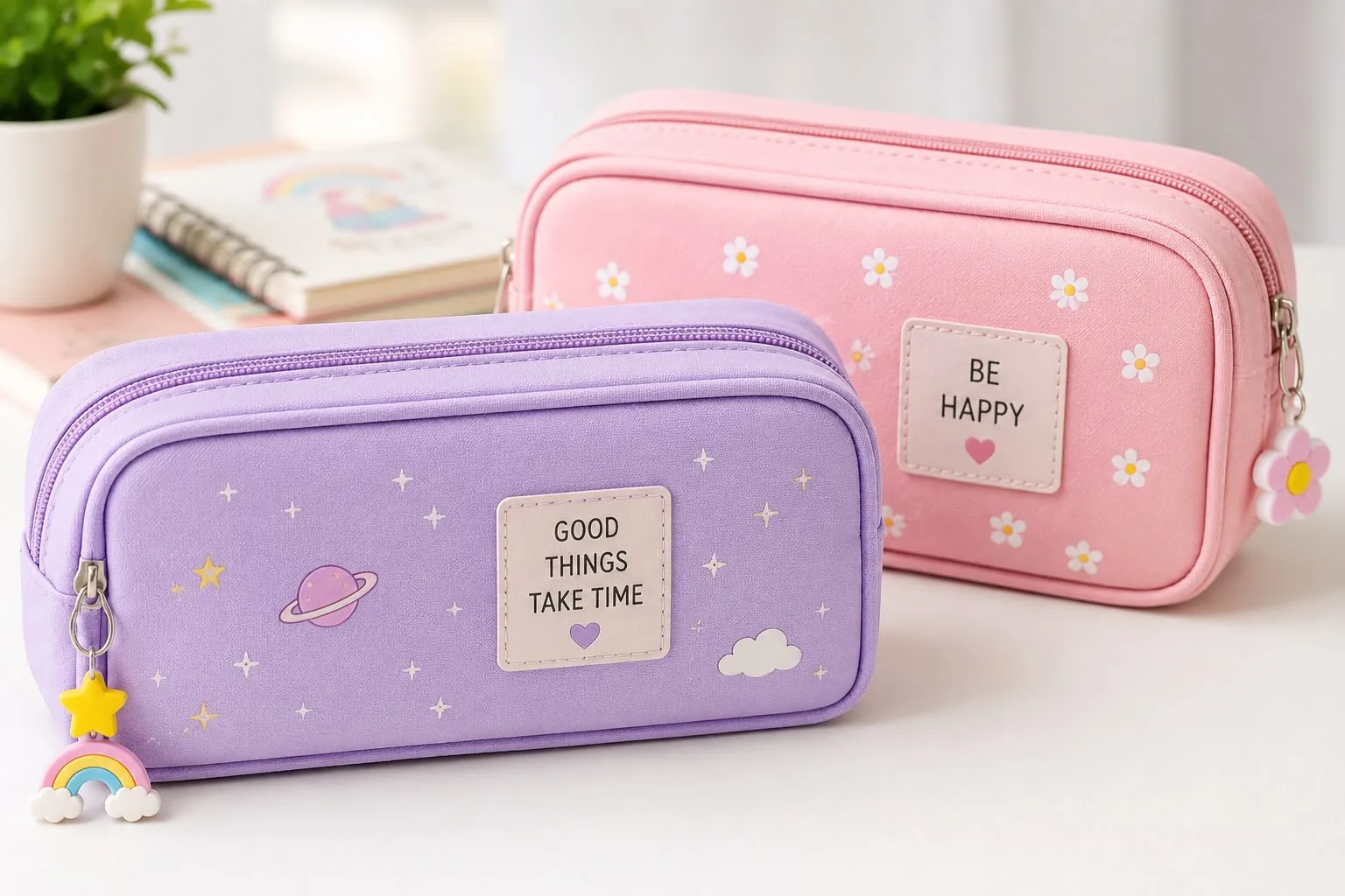 Two pastel pencil cases: one purple with space designs and a "GOOD THINGS TAKE TIME" patch, one pink with daisies and a